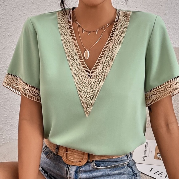 Bohemian Royal Blue V neck Lace Solid Minimalist Blouse - Picture 6 of 13